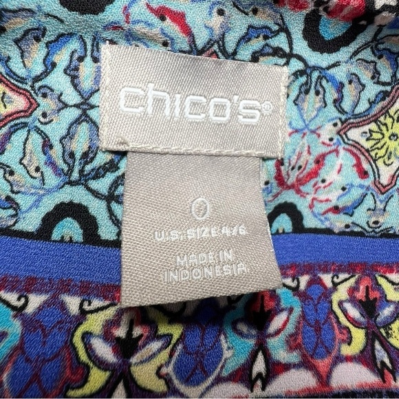 Chico’s Women’s Patchwork Peplum Flutter-Sleeve Top Red Blue Size 0 (4/6) - Picture 4 of 9